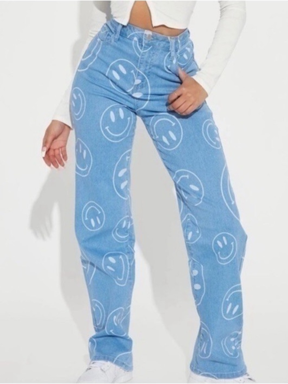 Fashion Nova Blue Smiley Print Straight Leg Jeans